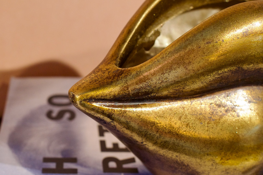Pflanzschale Golden Lips klein in Lippenform. Erhältlich im Möbelhaus Die Wäscherei - Das Möbelhaus in Hamburg.